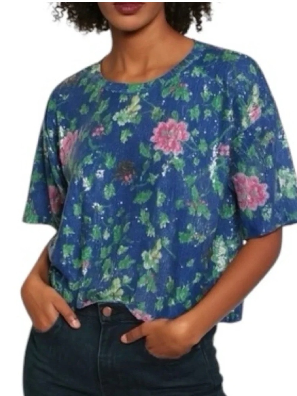 Zara Trafaluc Blue Floral Sequin Embellished Short Sleeve Top Size M